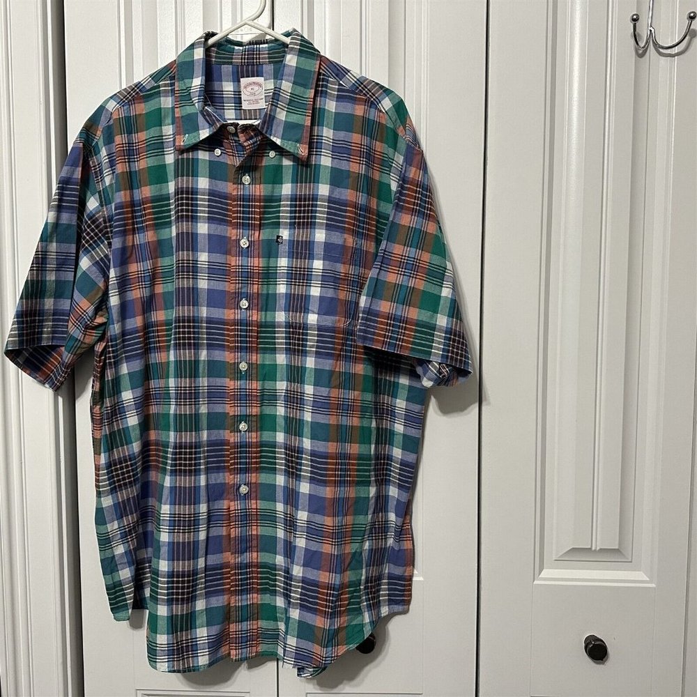 Brooks Brothers Shirt 346 Mens Plaid Button Down Madras X Large Short Sleeve - Picture 1 of 7